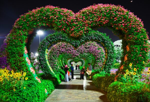 Visitors stroll through an enchanting pathway framed by arches of vibrant flowers shaped into hearts at Dubai Miracle Garden, illuminated against the evening sky.