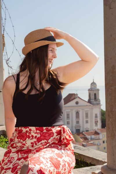 Miradouro de Santa Luzia Lisbon photoshoot sitting on wall